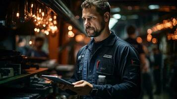 AI-Generated male engineer works with a tablet in an industrial workshop. A worker diagnoses and checks equipment on a tablet photo