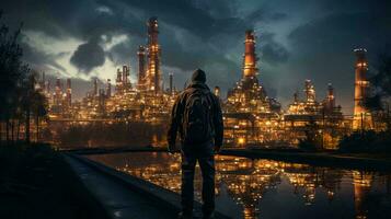 AI-Generated View from the back of a man against the background of an oil refinery with industrial equipment at night photo