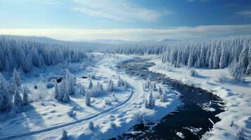 generado por ai parte superior ver de un invierno Nevado paisaje de arboles en el bosque y un Nevado la carretera foto