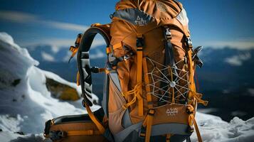 AI-Generated Yellow tourist backpack for traveling on the top of a snowy mountain. Travel tourism and camping concept photo