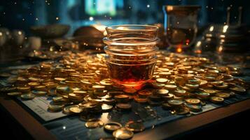 AI-Generated Gold coins money on the table. Business finance and wealth accumulation concept photo