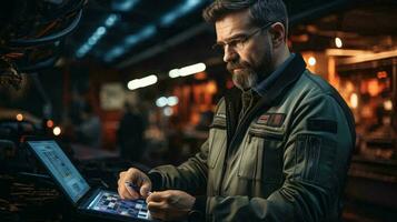 AI-Generated male engineer works with a tablet in an industrial workshop. A worker diagnoses and checks equipment on a tablet photo