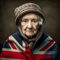 Elderly British Woman with Union Jack Flag, generative ai photo