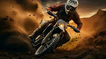 AI-Generated motorcyclist on a motorcycle quickly rides through the dirt and dust on the track during a motocross competition photo