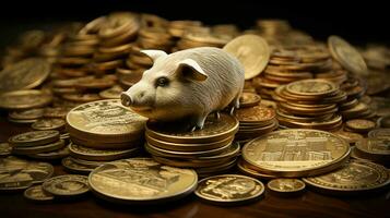 AI-Generated Piggy bank on coins. Concept of finance economy investment and accumulation of money photo