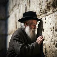 un judío hombre Orando en el occidental pared en Jerusalén generativo ai foto