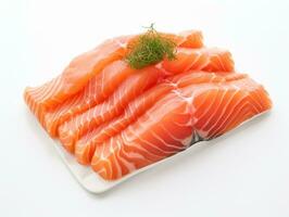 Fresh salmon fillet cut into pieces on a white background. AI Generative. photo