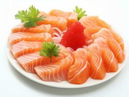 Salmon sashimi on white background.AI Generative. photo