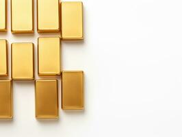 Top view. Several square gold bars placed on a white background.AI Generative photo