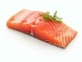 Salmon fillet ready to turn for steak on a white background.AI Generative. photo