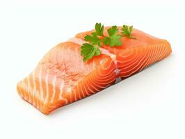 Salmon fillet ready to turn for steak on a white background.AI Generative. photo