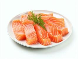 Salmon sashimi on white background.AI Generative. photo