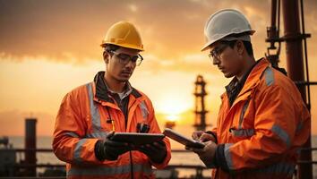 Portrait of two man oil rig worker with a helmet in front of the offshore rig with sunset background. ai generative photo