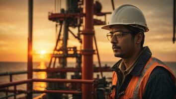 retrato de un hombre petróleo plataforma trabajador con un casco en frente de el costa afuera plataforma con puesta de sol antecedentes. ai generativo foto