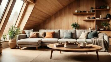 Attic scandinavian home interior design of modern living room. Corner sofa and rustic coffee table against wood lining wall with book shelves. AI Generative photo