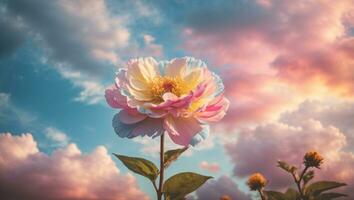 Beautiful colorful flowers with pastel sky and clouds background, Idyllic Meadow. ai generative photo