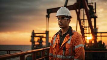 retrato de un hombre petróleo plataforma trabajador con un casco en frente de el costa afuera plataforma con puesta de sol antecedentes. ai generativo foto