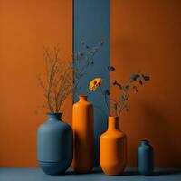 Orange vase stands out against the complementary gray tones of the background, creating a striking visual contrast that catches the eye. photo