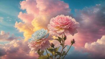 Beautiful colorful flowers with pastel sky and clouds background, Idyllic Meadow. ai generative photo