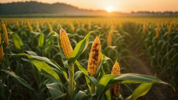 Panorama view of countryside landscape with corn field, Beautiful Maize field in sunset. ai generative photo