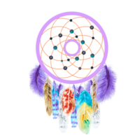 Watercolor illustration of a dream catcher with feathers and beads. hand drawing png