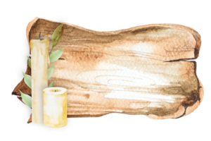 Watercolor illustration of antique birch bark, scroll, tree bark and candle, with space for text, hand drawn png