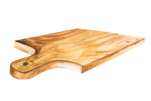 Watercolor illustration of wooden kitchen cutting board for food. Hand drawing png