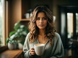 hermosa mujer participación un taza de café en el mañana, joven mujer en un acogedor casa con caliente beber. ai generativo foto