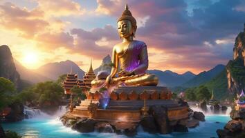 Big Buddha statue stands tall against the backdrop of cascading waterfalls and verdant mountains, creating a mesmerizing scene in the evening light. AI generative photo