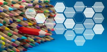 A red pencil is pointed in the opposite direction of the crayon with hexagon flat and text, elements of Honeycomb, Group of color pencils, Red pencil Stand out in the crowd, Inspirtion concept. photo