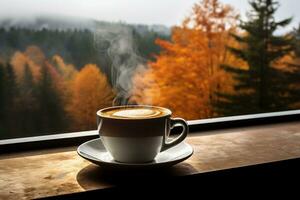 un latté en un blanco cerámico jarra coronado con espumado Leche y canela, siguiente a un ventana con vista a vistoso otoño follaje. ai generado ilustración. foto