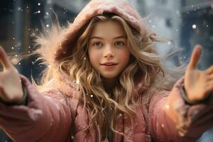 Beautiful girl bundled up in a fancy pink hooded parka, hand outstretched to catch snowflakes in their palm, blurred snowy background surrounding them. Festive and positive atmosphere. AI Generated. photo