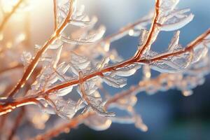 A close-up of a brown, bare tree branch encased in clear, smooth brina ice crystal formation with intricate organic patterns. Depicts winter's fragile. AI Generated. photo