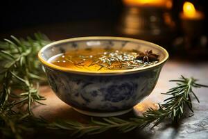 White ceramic bowl filled with steaming light amber tea, garnished with rosemary and anise seeds, symbolizing comfort, relaxation, and the healing power of nature's herbs. AI Generated. photo