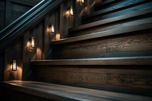 A wide wooden staircase leading upstairs. Next to the staircase there is a handrail and built-in lamps, the light of which emphasizes the texture of the wood. AI Generated. photo