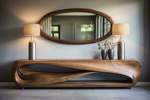 Decorative console table of unusual shape, made of wood with beautiful curves and original tall thin lamps. Above it hangs an oval mirror in a wooden frame. AI Generated. photo