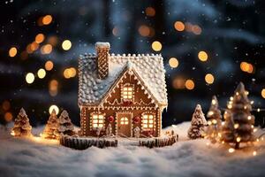 un decorativo pan de jengibre casa cubierto en caramelo y golosinas, sentado en mágico nieve. representa el calor de hogar, familia, y el belleza de fiesta tradiciones ai generado. foto