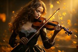 Woman playing a violin illuminated by a background of autumn leaves changing color. AI Generated illustration. photo