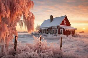 An old wooden house stands in the middle of a snow-covered field, covered with snow and icicles. The winter setting sun illuminates the heavily icy plants and the fence. AI Generated. photo