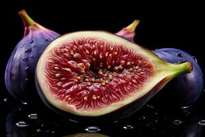 Fresh red and juicy fig sliced open, seeds visible inside. Extreme close-up view. AI Generated illustration. photo