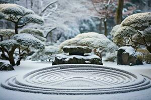 A tranquil winter garden scene with snow-laden bare trees and a stone labyrinth partly covered in snow. Represents nature's beauty and the journey of self-discovery. AI Generated. photo