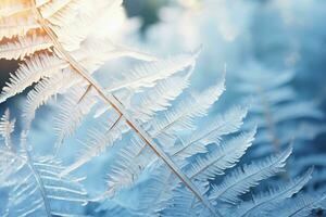 Close-up of a fern leaf intricately covered in delicate ice crystals patterns, showcasing nature's beauty and resilience during winter's chill. AI Generated. photo