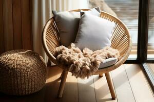 Round rattan armchair with white cushions, soft fluffy plaid and wicker footstool in front of a bright window. A quiet place to relax and reflect. AI Generated. photo