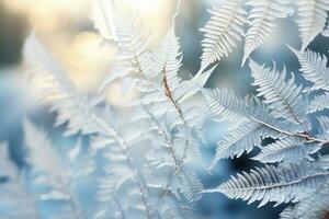 Close-up of a fern leaf intricately covered in delicate ice crystals patterns, showcasing nature's beauty and resilience during winter's chill. AI Generated. photo