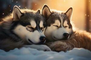 dos fornido perros rizado arriba juntos dormido en el nieve, suave piel saburral con copos, superficial profundidad de campo, sereno y acogedor. ai generado. foto