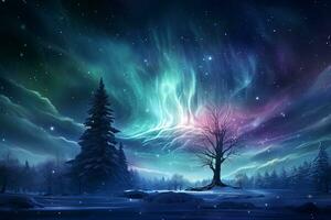 Frosty evergreen pine tree weighed down with snow set against a background of Northern Lights glowing green and purple, starry winter night sky, mystical Christmas atmosphere. AI Generated. photo