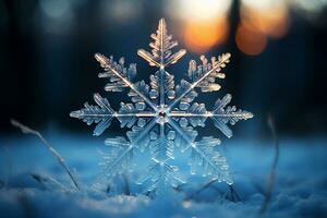A huge icy snowflake stands on the snow and shimmers in the rays of the rising sun. Winter and festive atmosphere. AI Generated. photo