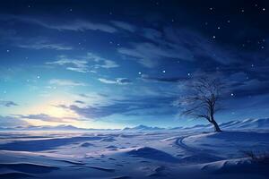 alto, esbelto árbol en un Nevado campo, debajo un profundo azul cielo, retratar un pacífico invierno mundo maravilloso escena. ai generado. foto