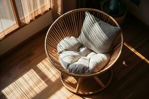 A round wicker rattan chair with a fluffy white pillow in front of a bright window isolated against a wood floor. A serene spot for relaxation. AI Generated. photo