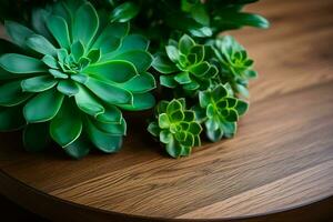 Bright close-up of succulent on round wood end table. Simple composition, vivid green leaves pop against wood grain. AI Generated illustration. photo